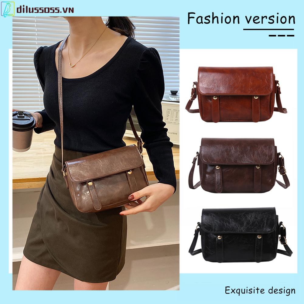 [DILUSSOSS] Túi đeo vai  Retro Leather Flap Bags Pure Color Women Messenger Shoulder Totes Handbags