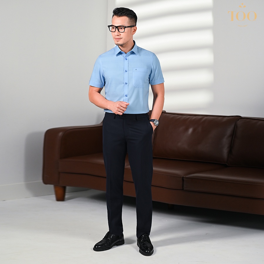 Áo sơ mi ngắn tay TQQ K499CB màu xanh biển dáng slimfit chống nhăn thoáng mát