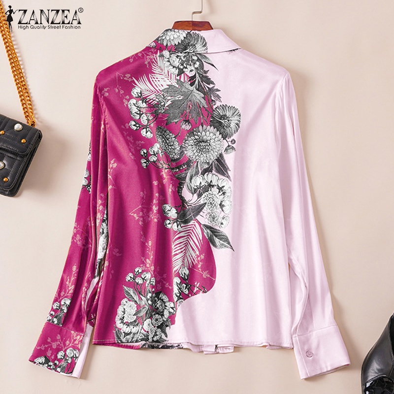Áo sơ mi ZANZEA cổ bẻ tay dài vải satin in họa tiết hoa thời trang sang trọng dành cho bạn nữ