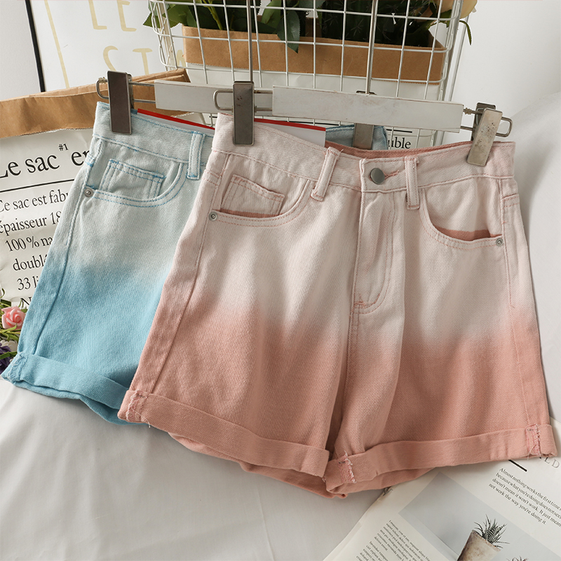Quần Short Jeans Lưng Cao Ống Rộng Màu Gradient Thời Trang Mùa Hè 2021 Cho Nữ