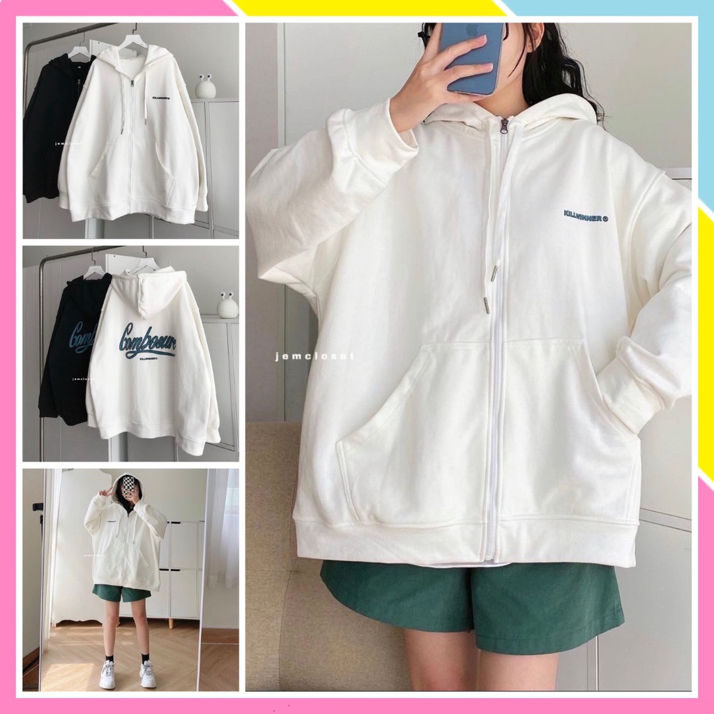 Áo khoác hoodie zip nỉ bông COMBOSURE UNISEX nam nữ form rộng dày dặn có mũ có dây khóa kéo TRẮNG ĐEN IN