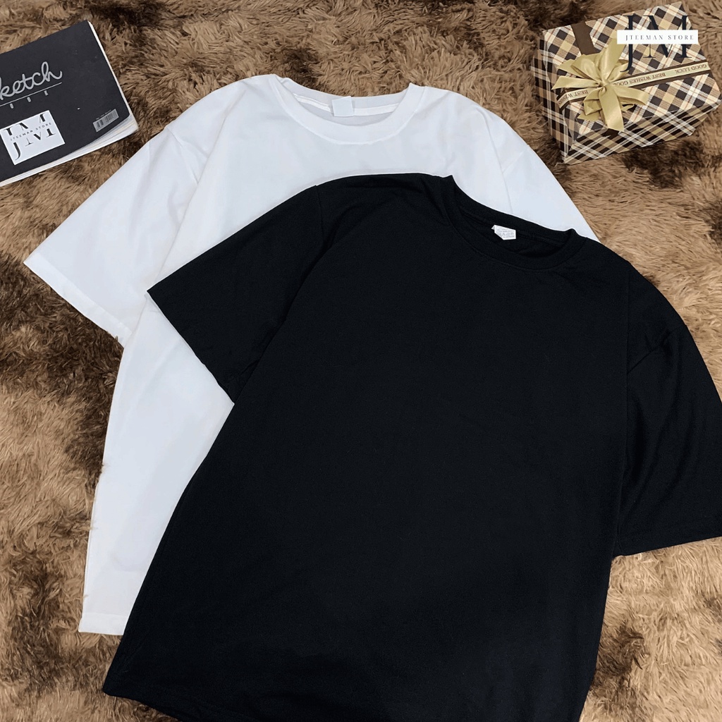 Áo thun trơn Jteeman, áo phông trơn nam nữ tay lỡ form rộng vải cotton 4 chiều cao cấp 3 màu trắng đen xám JT11
