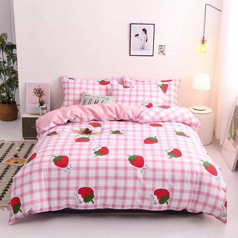 Bộ Drap Giường [Hình Thật] Chần Bông Cotton Dâu Đậm Siêu Xinh 1Mx2M,1M2x2M,1M4x2M,1M6x2M,1M8x2M