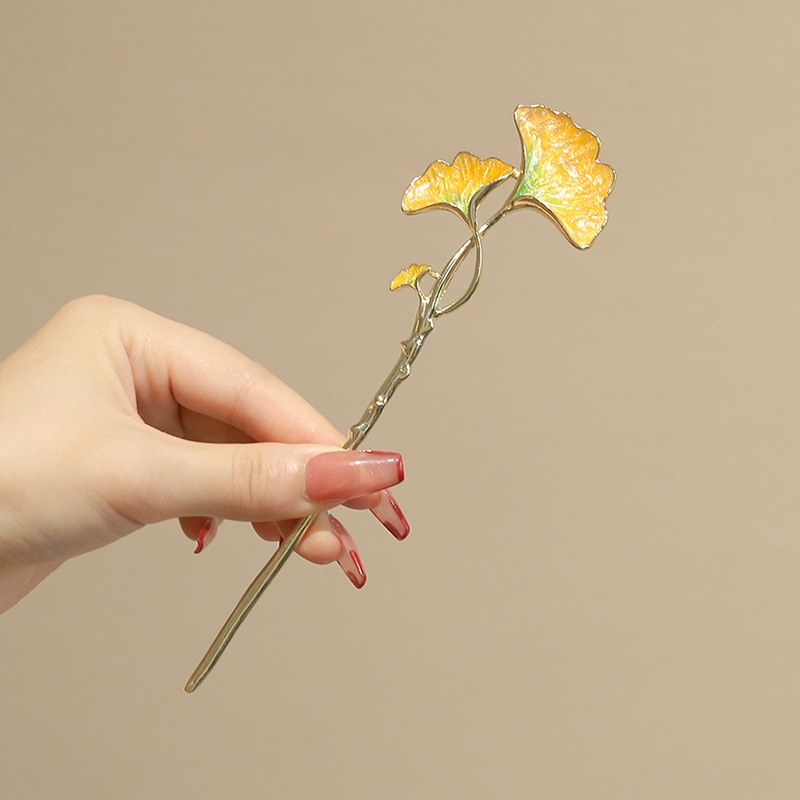 Kẹp Tóc Hình Lá Ginkgo Màu Vàng Phong Cách Trung Hoa