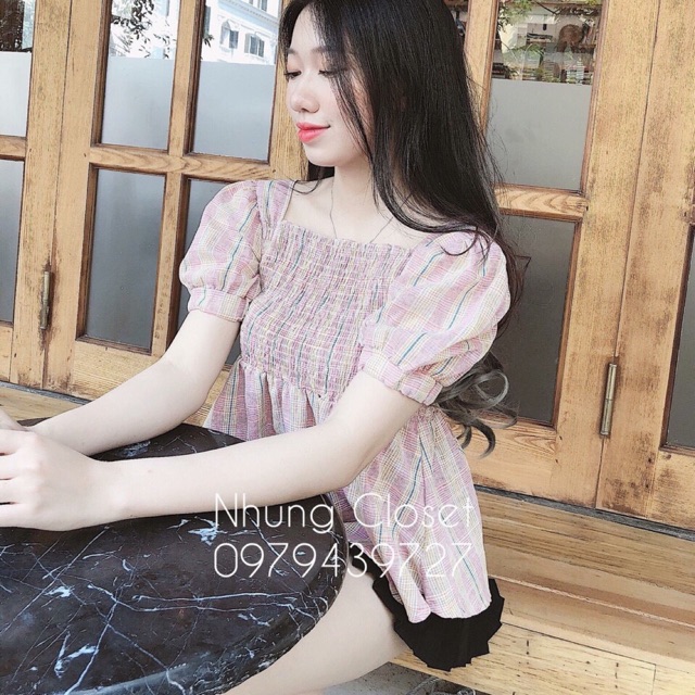 Áo kẻ chun ngực tay bồng