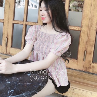 Áo kẻ chun ngực tay bồng