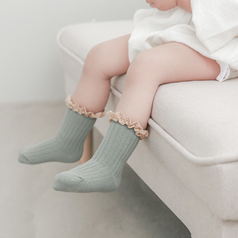 Tất Bằng Cotton Cổ Bèo Họa Tiết Sọc Caro Thiết Kế Dễ Thương Cho Bé Gái