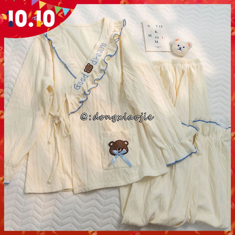 Spring and autumn ins style new Japanese pajamas girls sweet girls casual bear loose student home suit