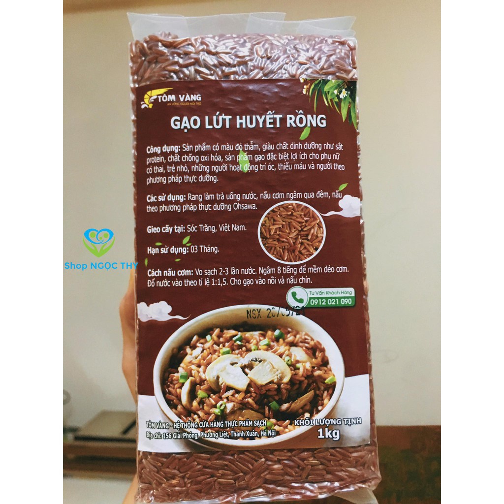 Gạo lứt huyết rồng Tôm Vàng gói 1kg, gạo ăn tơi cơm