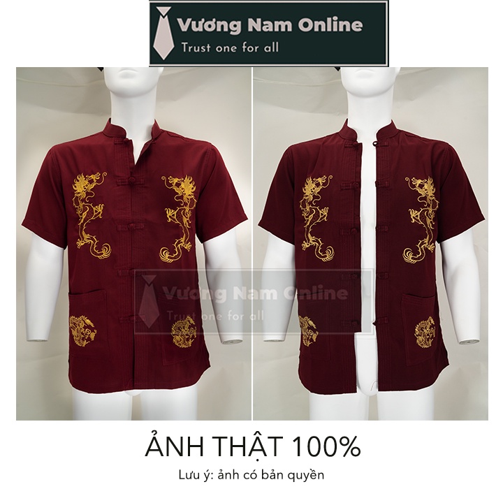 Áo sơ mi nam trung niên cao cấp form rộng ngắn tay họa tiết thêu rồng FF17F