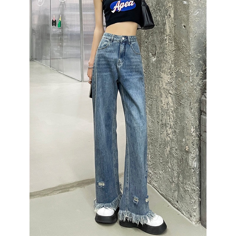 Jiashucheng Quần Jean Nữ Ống Rộng Lưng Cao Phối Tua Rua Phong Cách Harajuku Đường Phố
