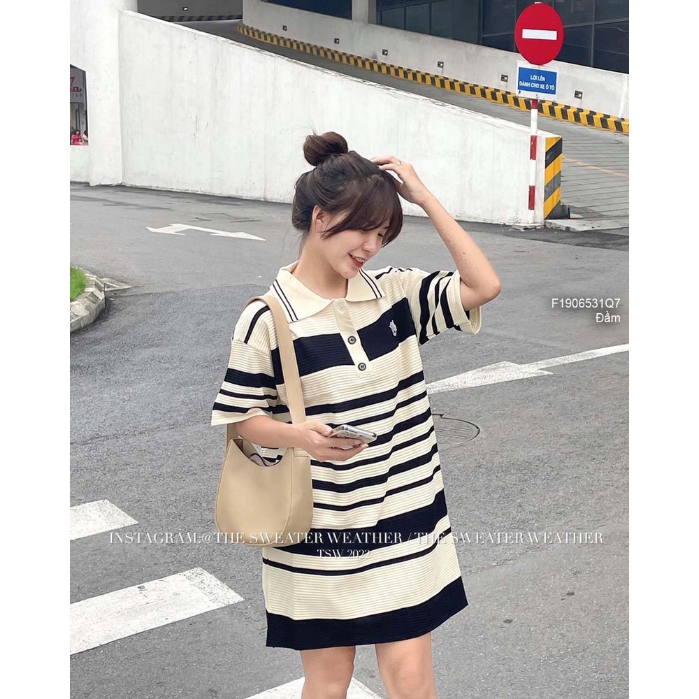 Đầm len suông kẻ sọc cổ bẻ tay ngắn hàng QC!