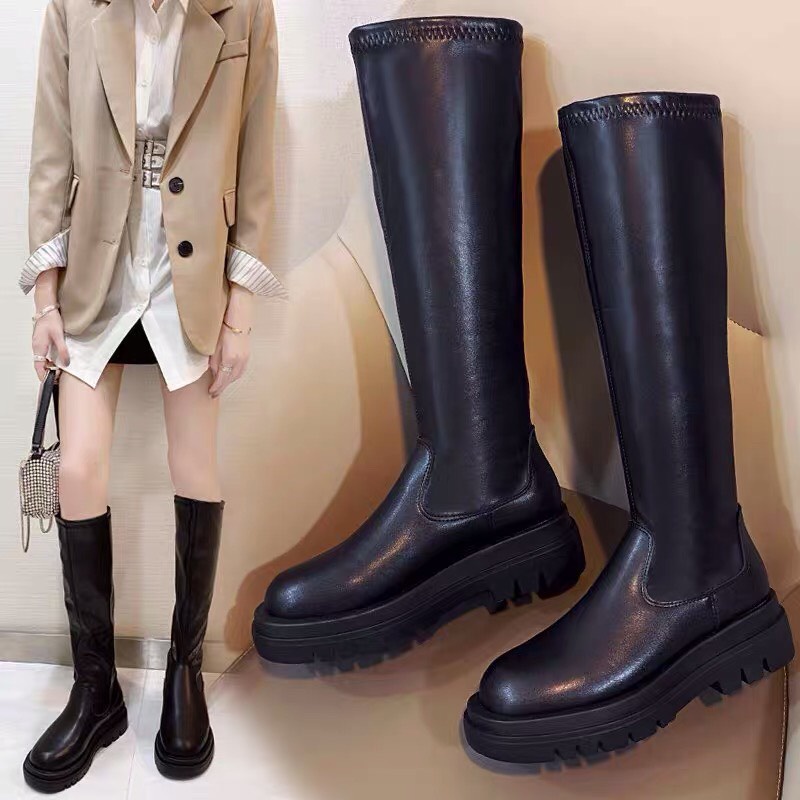 Giày boots bệt cao cổ da trơn mềm không khoá ôm chân