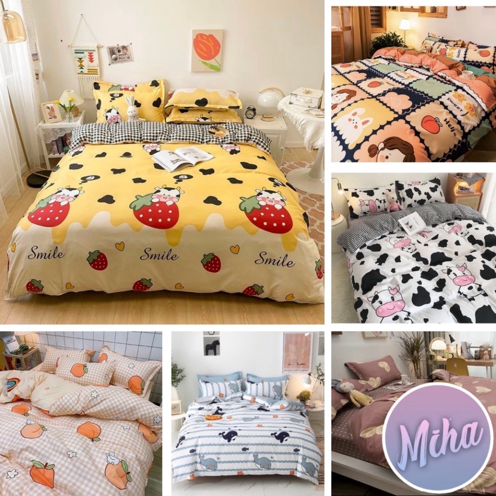 Bộ chăn ga Cotton poly Miha bedding kèm 2 vỏ gối,hình thú cute,drap giường,mền đẹp