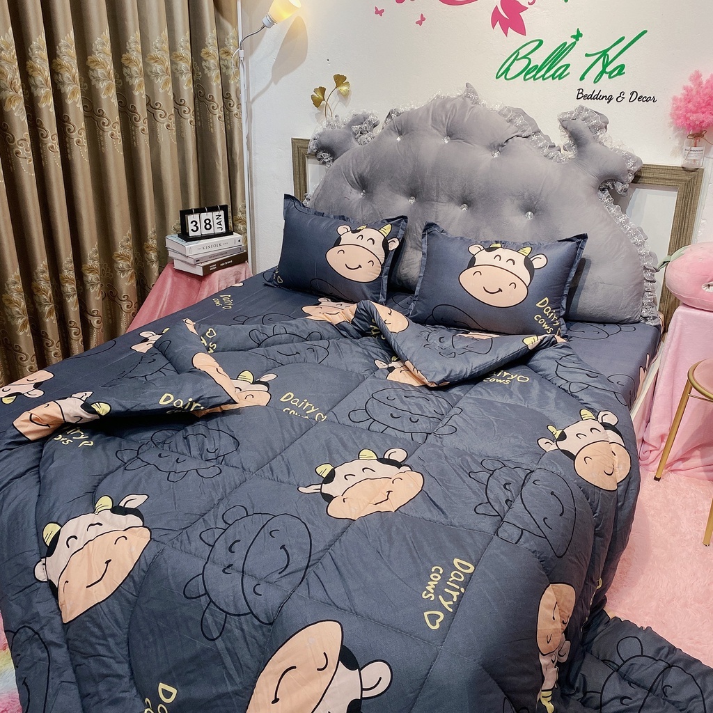Trọn bộ 5 món ga gối chăn phao poly cotton có ruột bông dày chất lượng tốt