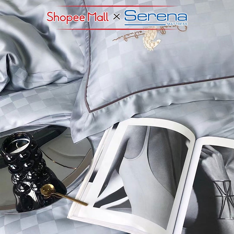 Ga giường Đẹp 5 Món Lụa Thêu SERENA Cao Cấp Bộ Combo Trần Bông Chăn Ra Grap Drap Gối Nệm Trải Phủ Giường Chính Hãng