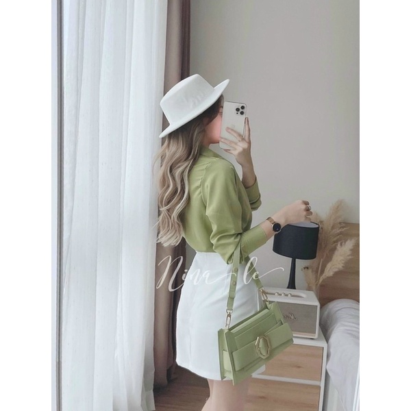 Sét váy thời trang nữ mặc đi chơi áo chất đũi sơ mi tay dài xanh mạ mix chân váy chữ a có lót cotton lạnh