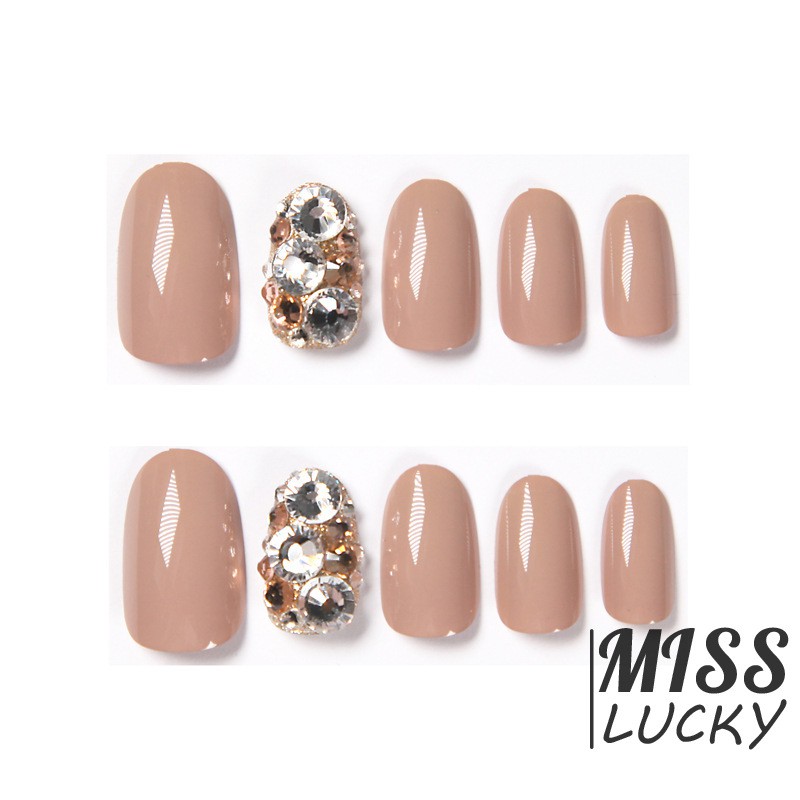 ❤HHN-VN 24 Piece Nude Color Ins Style Women Wearable Fake Nails with Diamond Short Round Full Cover