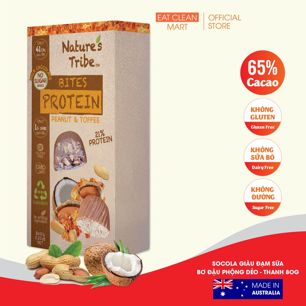 Socola giàu đạm đậu phộng &amp; toffee  không thêm đường Nature's Tribe  - Protein milk chocolate peanut &amp; toffee bites