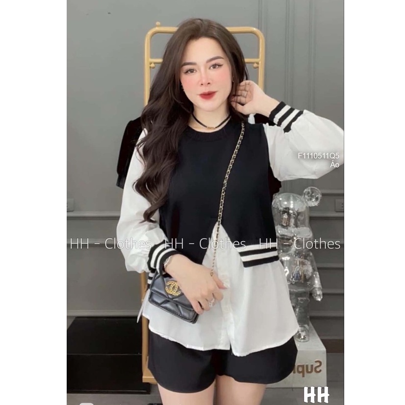 Áo đen gile xẻ lai trước pha sơ mi trắng cổ tròn tay dài bo viền thời trang!