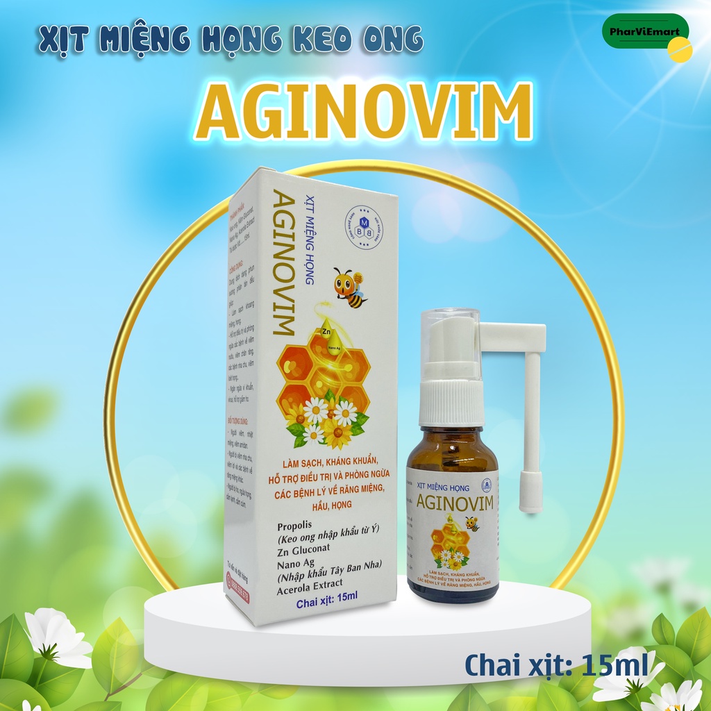 Xịt Miệng Keo Ong  Aginovim Chai 15ml Làm Giảm Triệu Chứng Viêm Họng