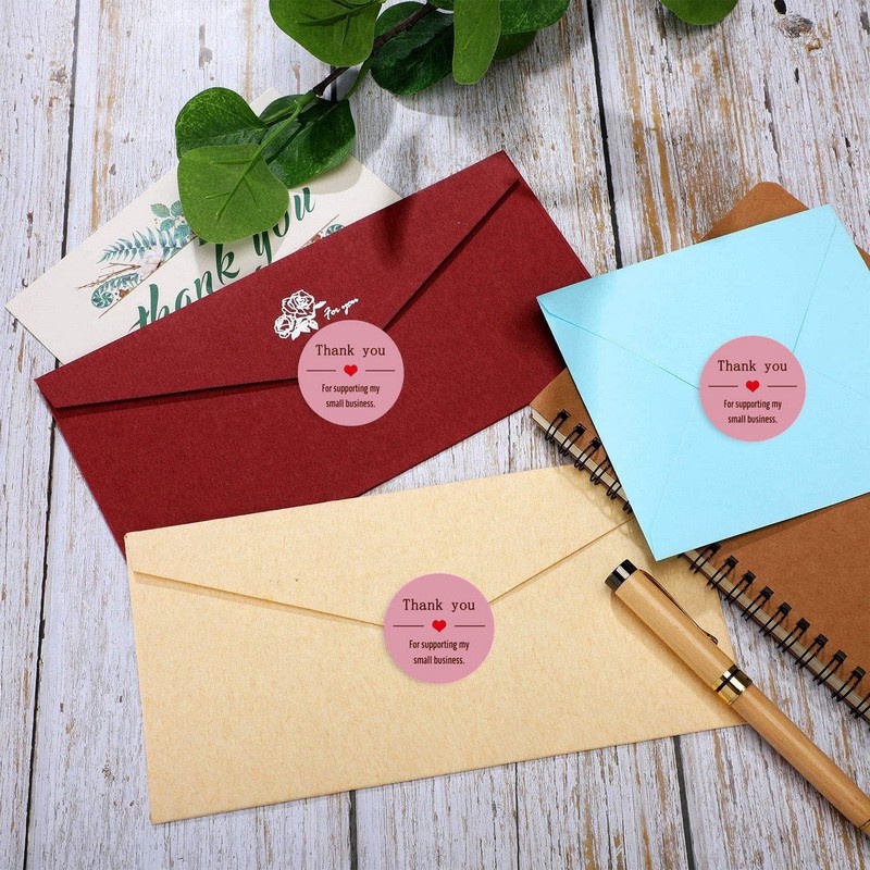 Cuộn 500 Miếng Dán Trang Trí Sổ Tay Hình Tròn / Trái Tim Màu Hồng In Chữ Thank You Dễ Thương