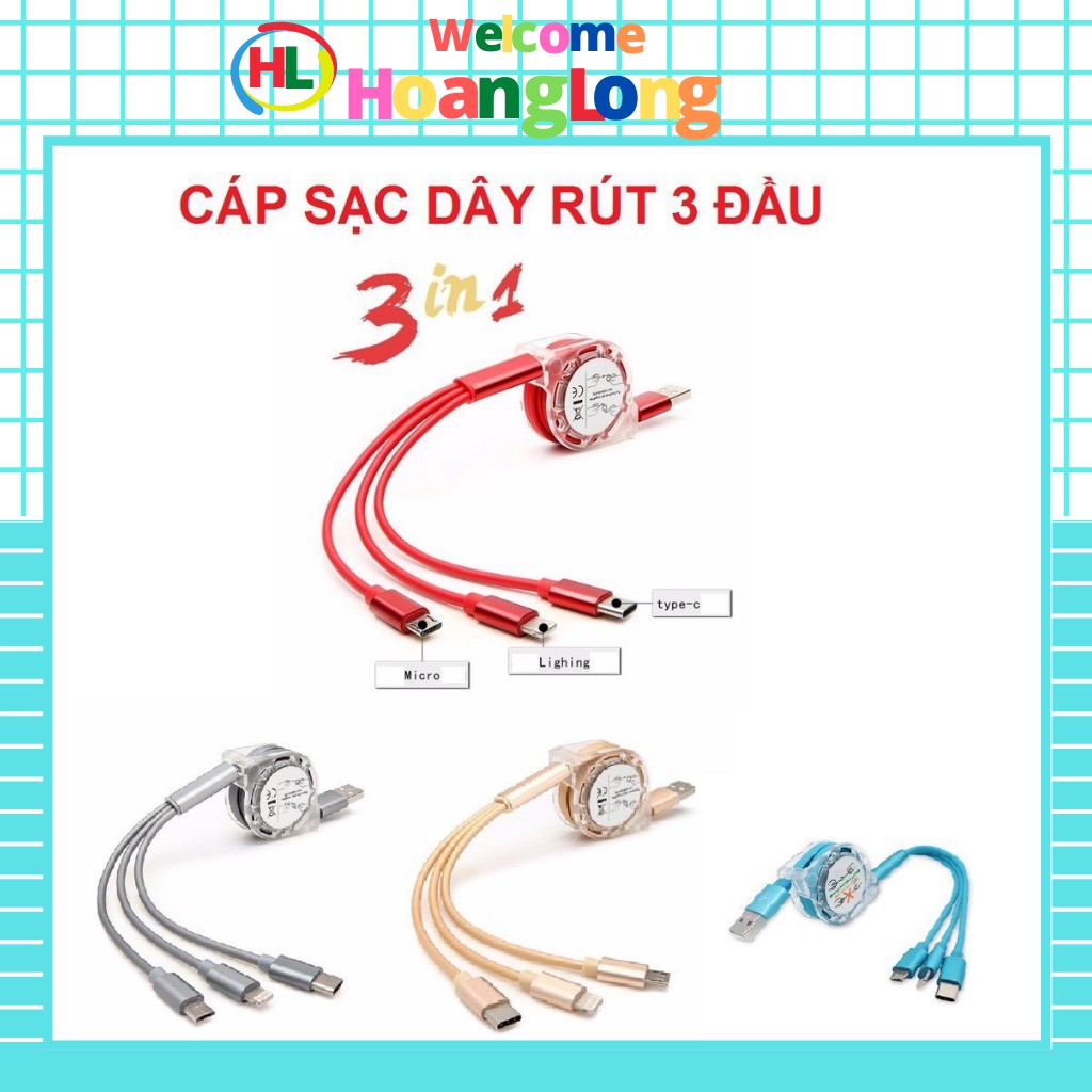 (SIÊU TIỆN LỢI) Cáp rút 3 đầu: Iphone - Type C - Samsung( Micro) - Phụ kiện Hoàng Long