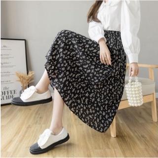 Chân váy hoa nhí vintage, váy hoa nhí dáng dài đen trắng vải voan 2 lớp siêu xinh - Mia Shore