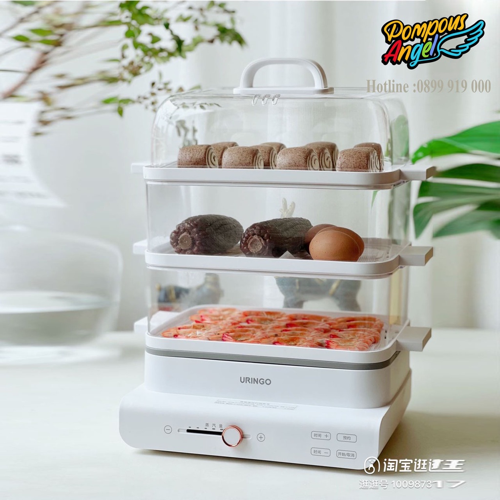 Nồi hấp thực phẩm 3 tầng URINGO 18L màu trắng, hơi nước nhiều ,chín nhanh, bảo hành 12 tháng