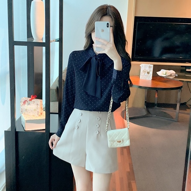 Áo Sơ Mi Chiffon Tay Dài Thắt Nơ Họa Tiết Chấm Bi Thời Trang Dành Cho Nữ