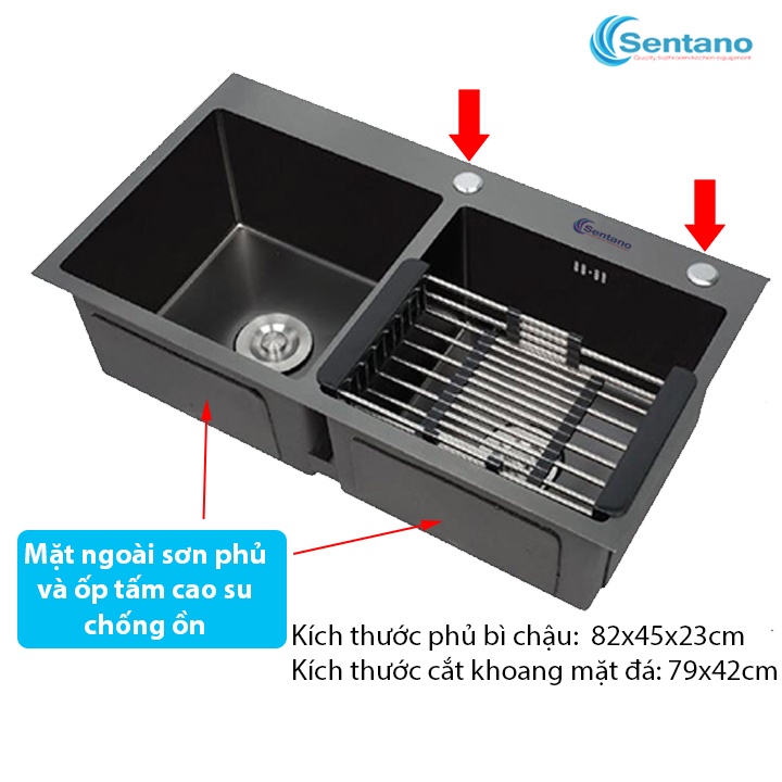 Chậu rửa chén, vòi rửa chén NANO tĩnh điện màu đen SENTANO - Chậu rửa chén 2 ngăn CÂN 82x45cm bề mặt nano tĩnh điện