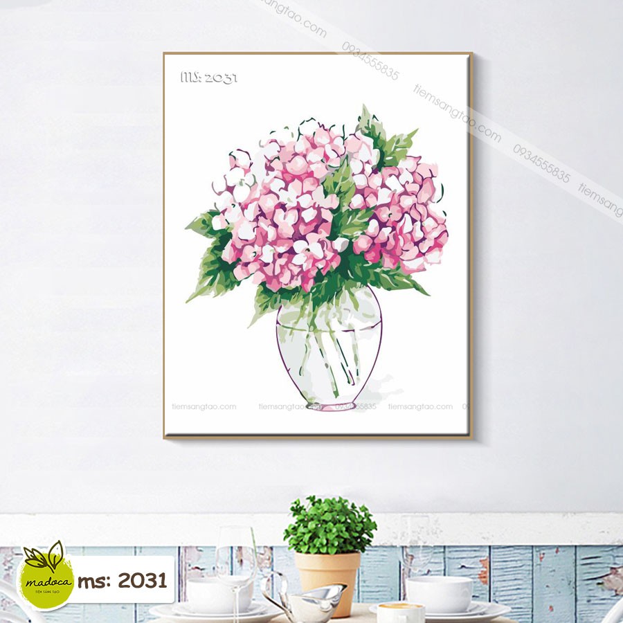 Tranh tô màu 40x50cm có khung bình hoa cẩm tú cầu T2031