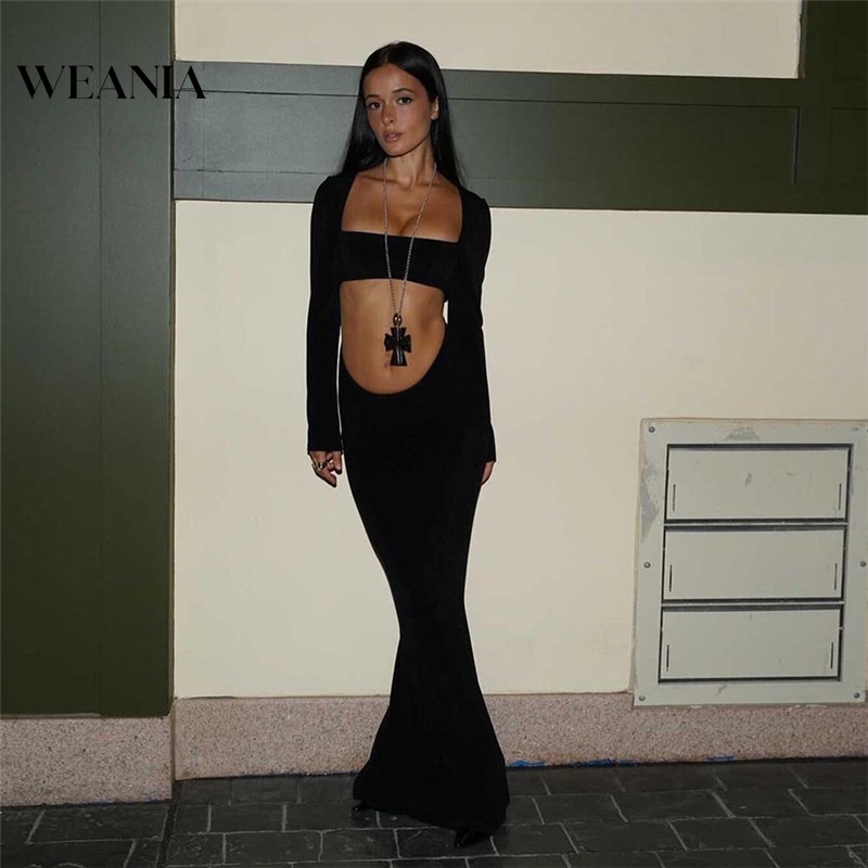 Đầm Dài Tay Cổ Vuông Màu Trơn Thiết Kế Quyến Rũ Thời Trang