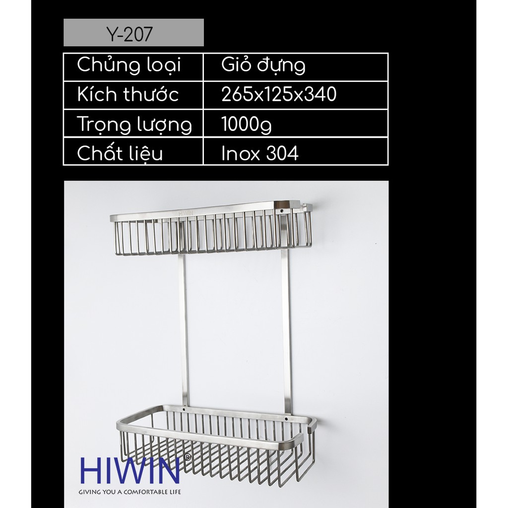 Giỏ để đồ 2 tầng chữ nhật tiện lợi inox 304 cao cấp Hiwin Y-207 265*125*340