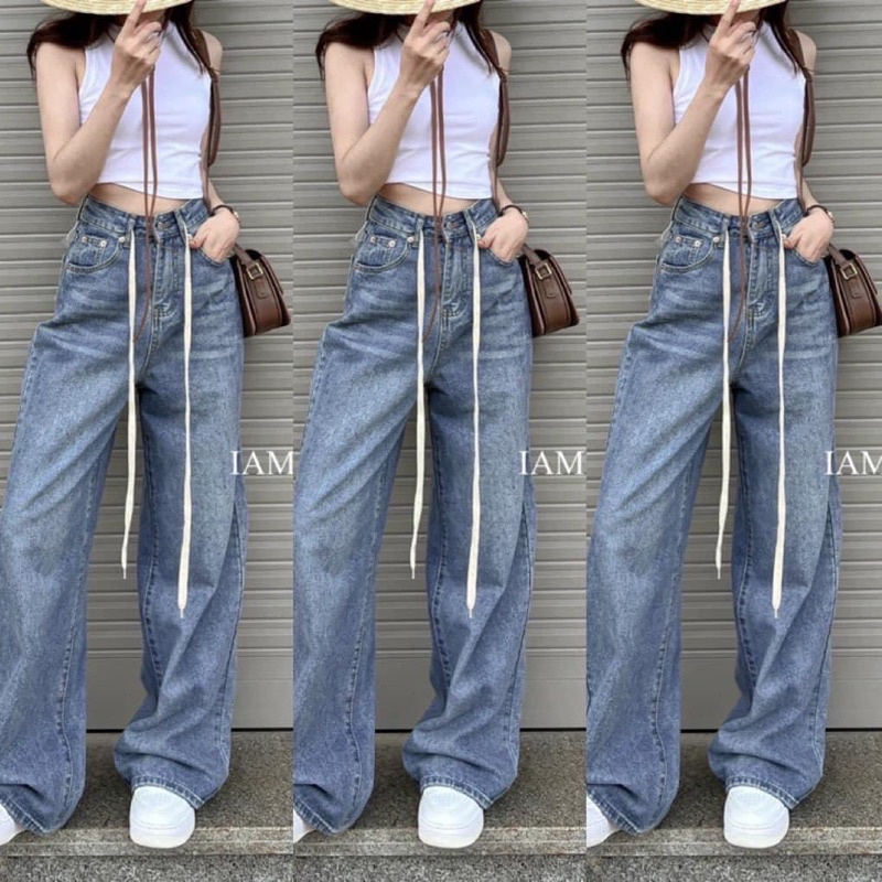 Mã 3211- 666 QUẦN JEAN ỐNG RỘNG THẮT DÂY TRẮNG