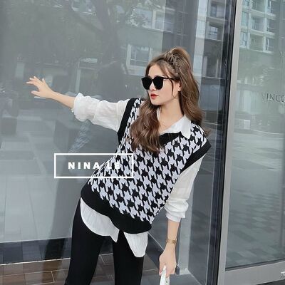 Áo gile kẻ caro vintage kiểu dáng cá tính dễ mix đồ
