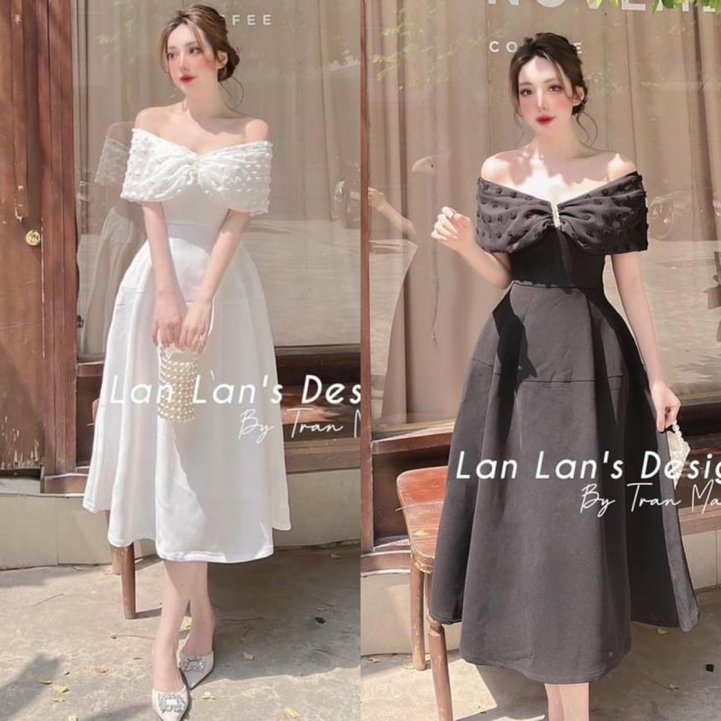 hàng TK Đầm váy tafta dài xoè nhẹ hở/bẹt/trễ/rớt vai trắng đen, thời trang tiểu thư sang trọng quý phái dự tiệc sự kiện