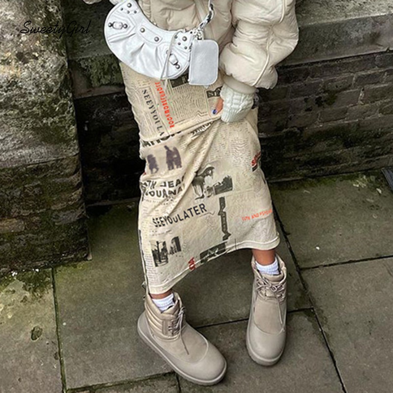 Chân Váy Midi Dáng Ôm In Chữ Thời Trang Cho Nữ