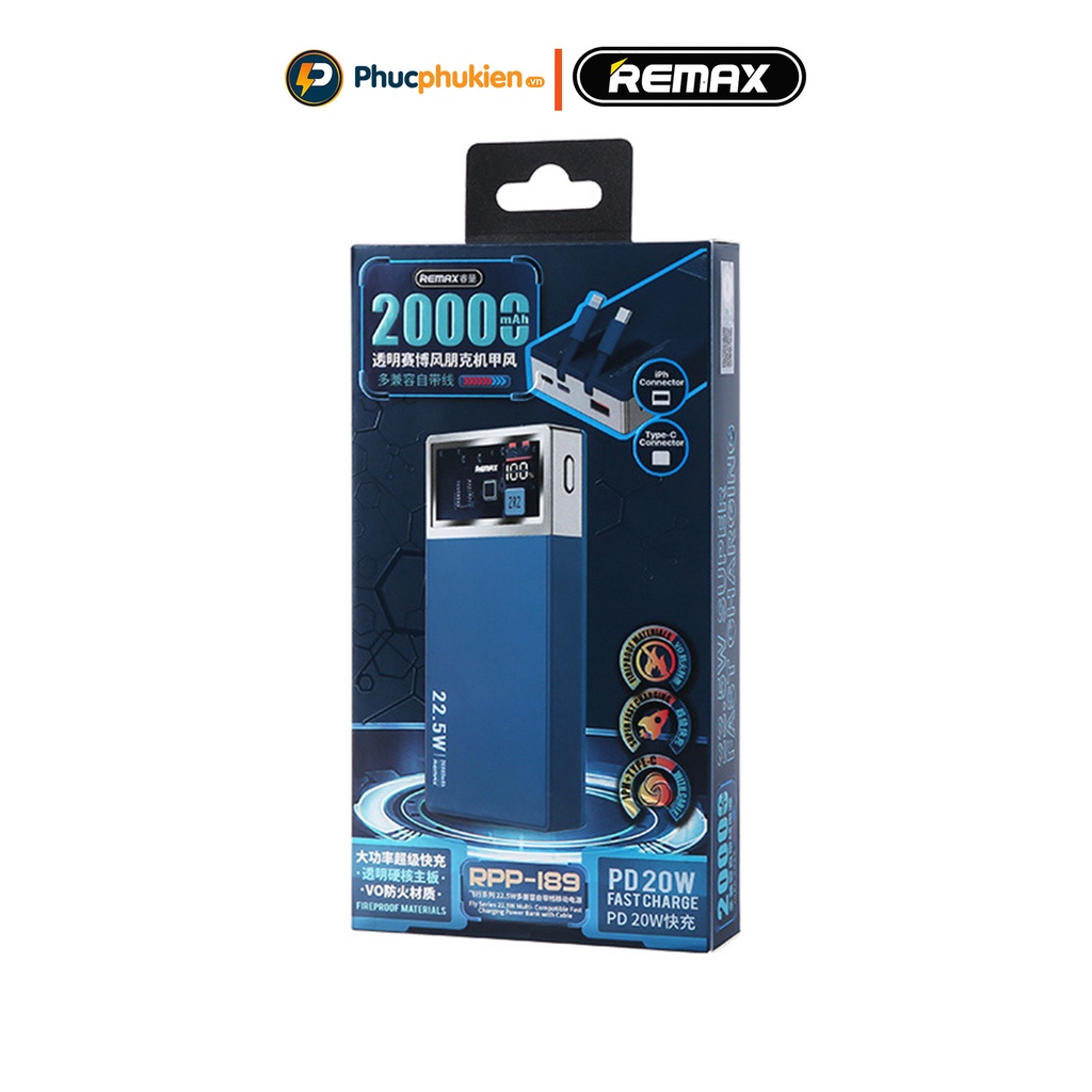 Sạc dự phòng 20000mah Remax RPP 189 sạc nhanh 20w và tích hợp 2 dây sạc Phúc Phụ Kiện Bảo hành 12 tháng 1 đổi 1