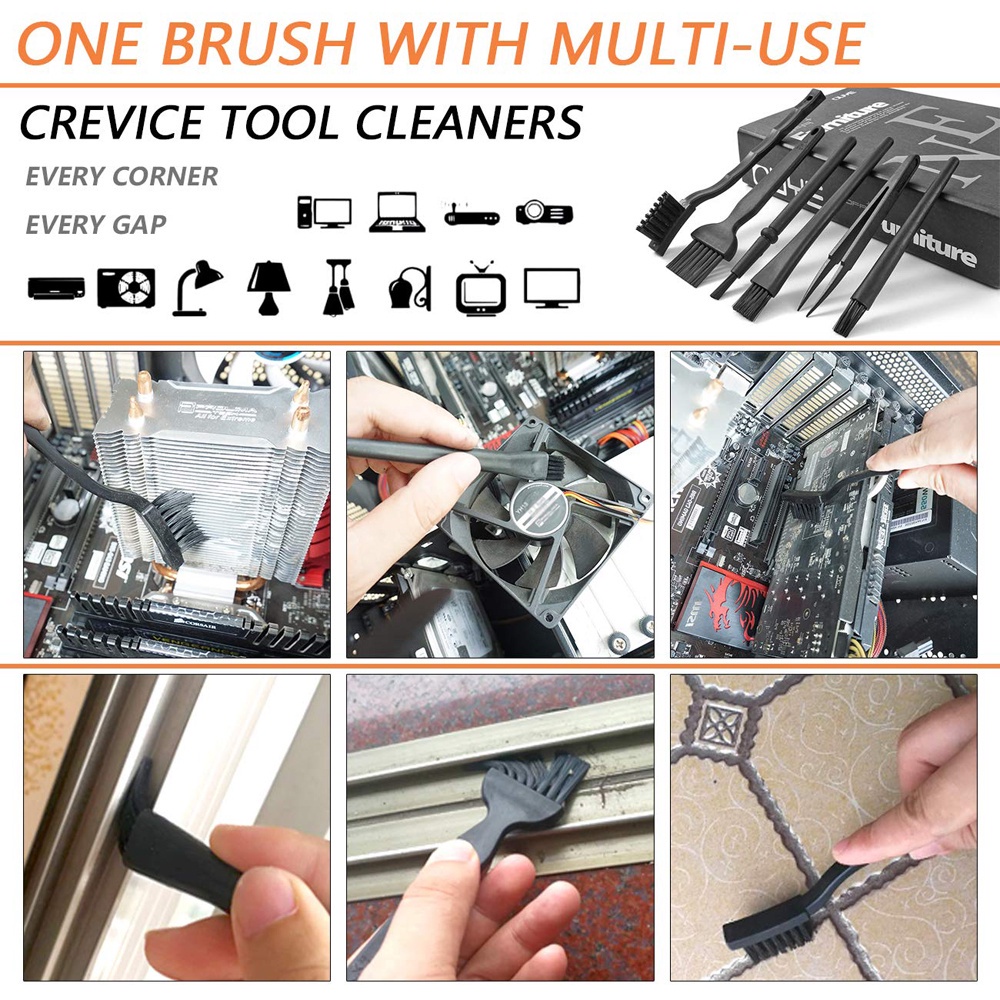 Bộ cọ vệ sinh bàn phím máy tính 6 trong 1 bằng nylon màu đen nhỏ gọn loại bỏ bụi bẩn loại bỏ tĩnh điện cho laptop điện thoại