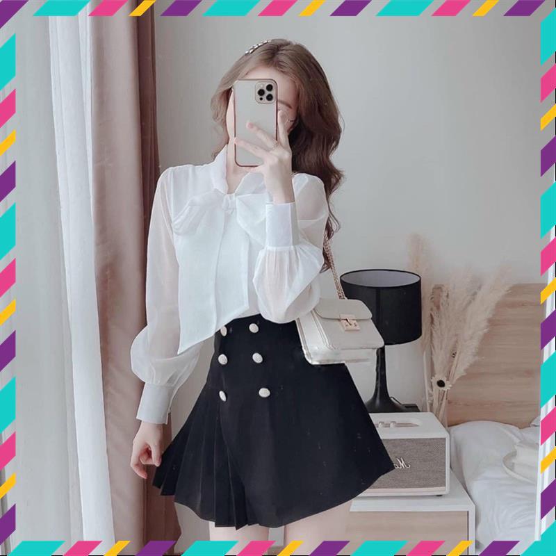 Áo sơ mi tay bồng cổ nơ khuy ngọc tiểu thư 2 lớp mặc đi chơi, đi làm cực xinh MSP41696 | BigBuy360 - bigbuy360.vn
