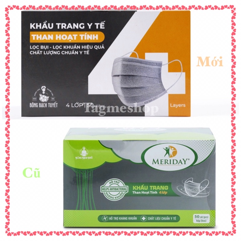 Bông Bạch Tuyết - Khẩu trang y tế 4 lớp than hoạt tính - Bao bì mới - 50cái/hộp