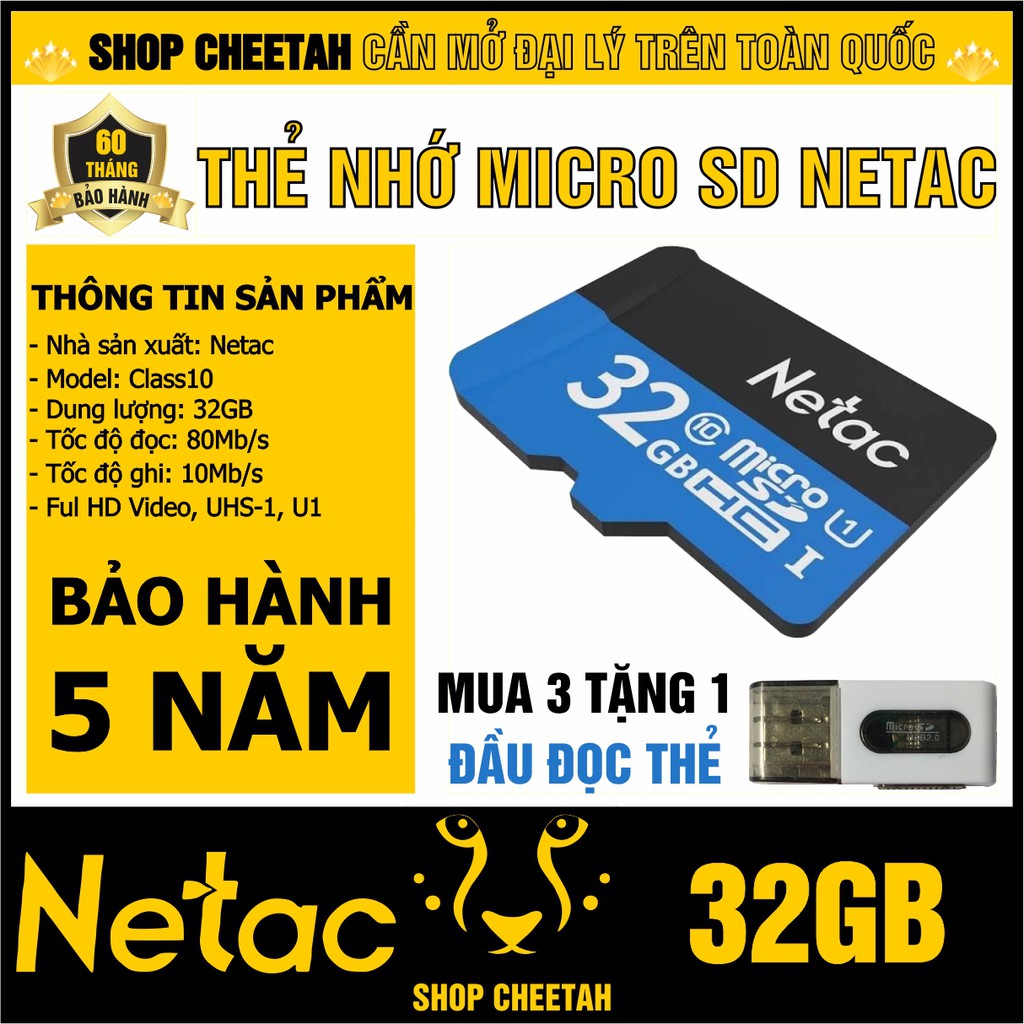 [Mã ELFLASH2 hoàn 10K xu đơn 20K] Thẻ nhớ Netac 32GB Class10 – Mua từ 3 tặng 1 đầu đọc thẻ – CHÍNH HÃNG – Bảo hành 5 năm