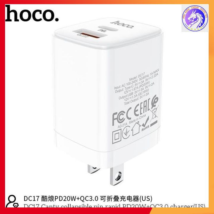 Cốc Sạc Nhanh PD 20W Hoco DC17 2 Cổng Kép  Sạc Nhanh 3A, Quick Charger 3.0, Chân Cắm Gấp Gọn - BH 12 Tháng