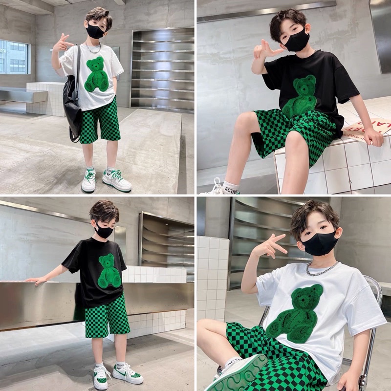 Bộ thun gấu xanh quần caro cực kool cho bé trai