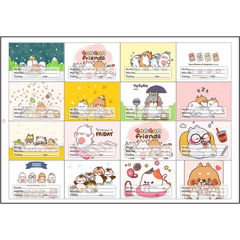 Sét 16 tấm Nhãn vở khủng long, kitty, chuột hoạt hình dễ thương