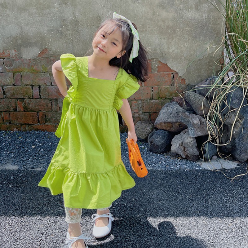 Đầm Tay Bèo Đính Nơ Màu Sắc Dạ Quang Phong Cách Hàn Quốc Cho Bé Gái