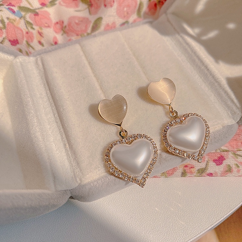 Bông Tai S925 Đính Ngọc Trai Và Đá Opal Hình Trái Tim Ngọt Ngào Cho Nữ