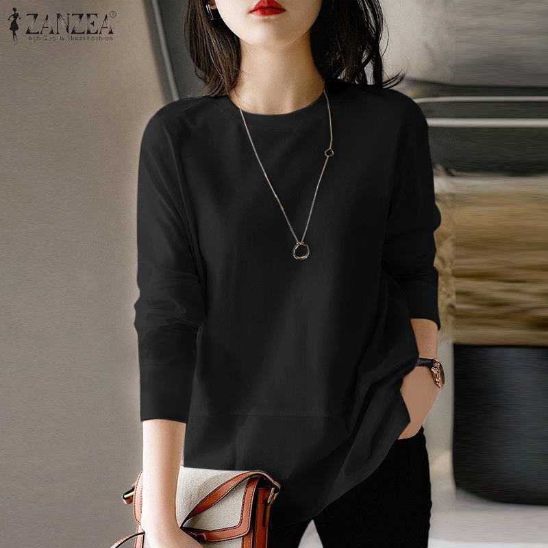 Áo thun ZANZEA tay dài cổ tròn màu trơn phong cách Hàn Quốc năng động cho nữ