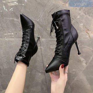 Giày bốt cao gót mũi nhọn cột dây thời trang thu đông 2020 cá tính cho nữ